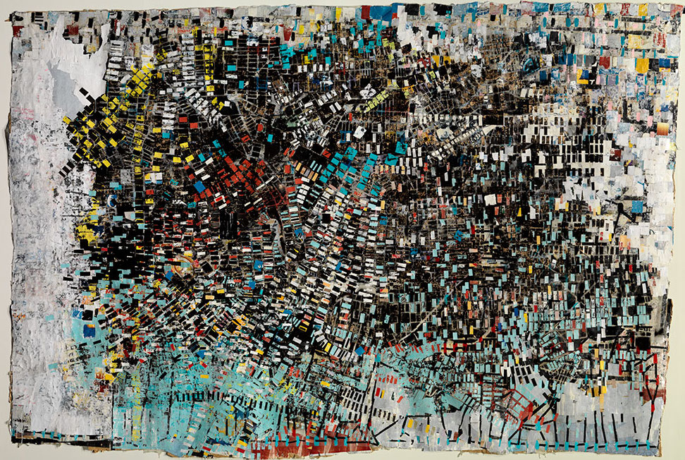 A close up photo of the painting Black Venus by Mark Bradford. It shows an abstract image full of small rectangles, arranged in the shape of a city map.