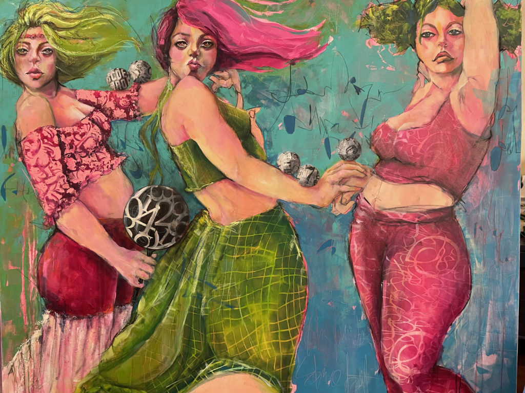 A painting by Traci Owens. It shows three women in vibrant colours, staring straight at the viewer.
