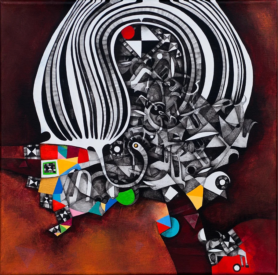 An image of a painting by Ahmed Umar. It shows flowing black and white lines framed by colourful shapes on a red and black background.