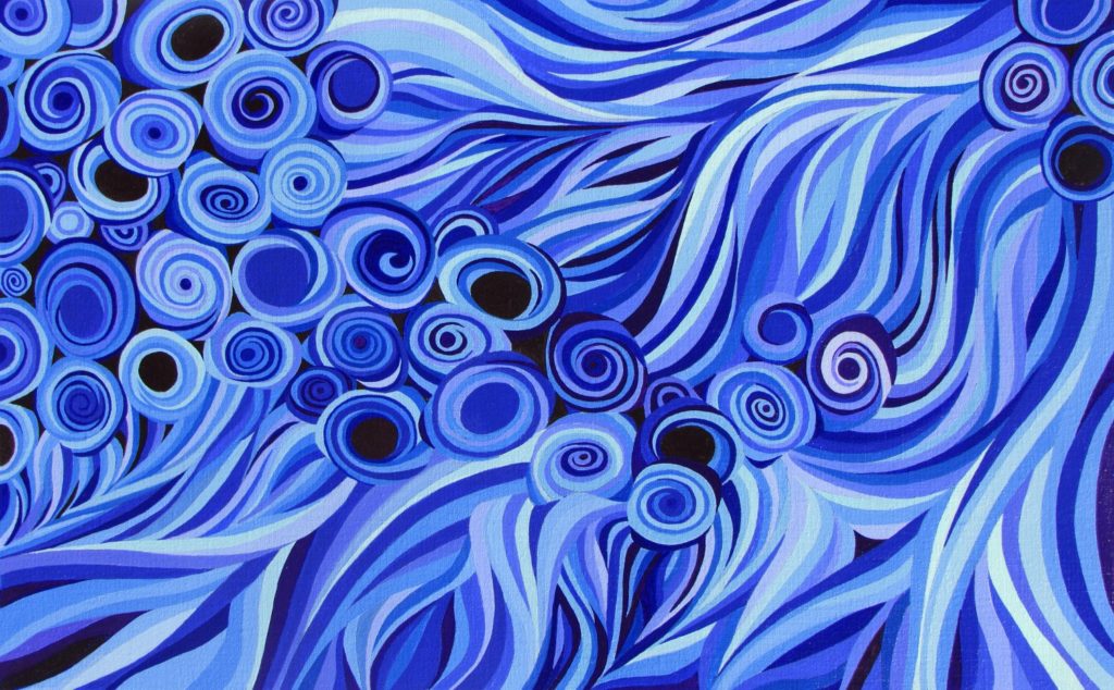 An image of a painting by Sonia Falcone. It is predominantly in shades of blue, with one section full of circular shapes and another full of what looks like waves.