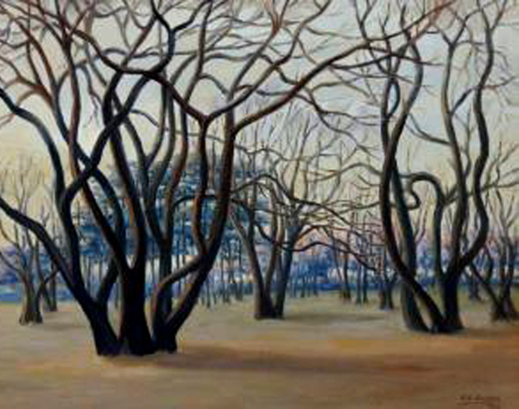 An image of a painting by Elisa Elvira Zuloaga. It depicts an outdoor landscape in autumn, where all the trees are bare of leaves.